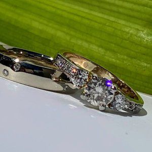 Certified .89ct Diamond Ring with Diamond Baguettes and Diamond studded band